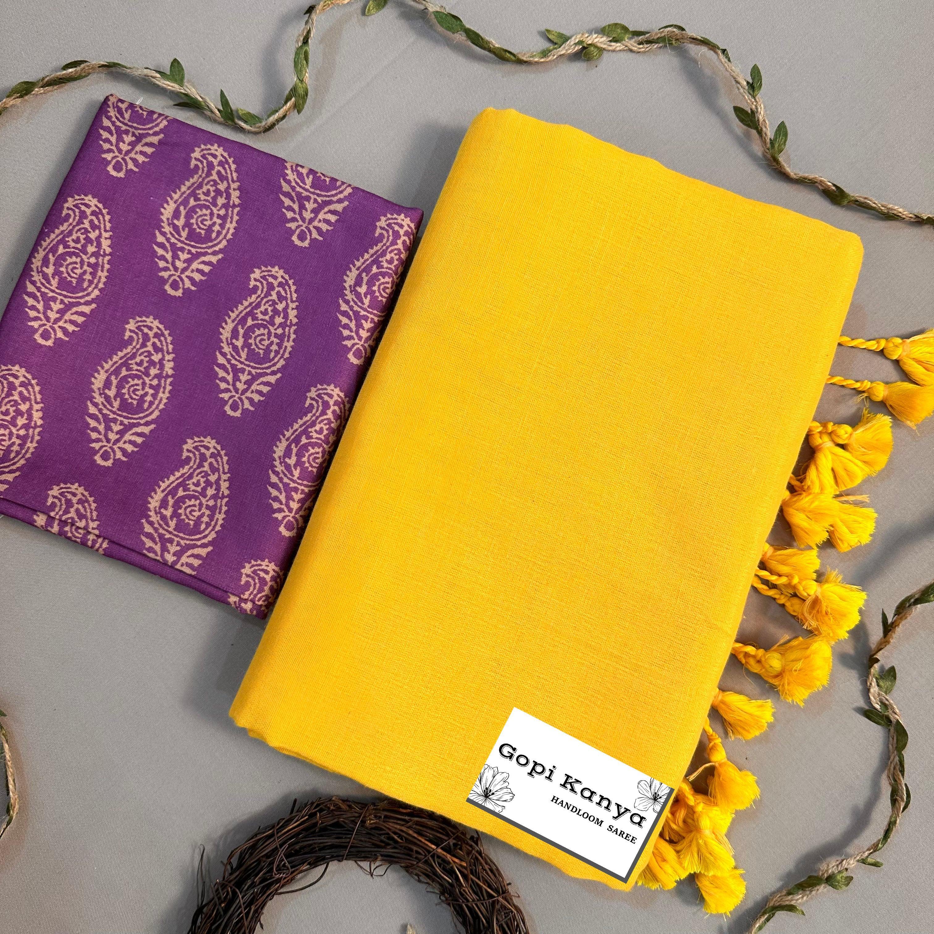 Canary Yellow Tree Print Refined KotaDoria Dye Block Printed Cotton Saree With Blouse main image 0