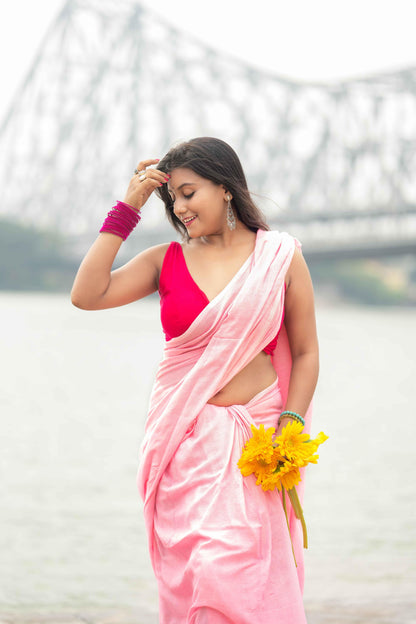 Baby Pink Khadi Cotton Saree - Gopi Kanya