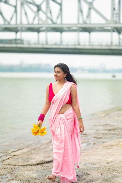 Baby Pink Khadi Cotton Saree - Gopi Kanya