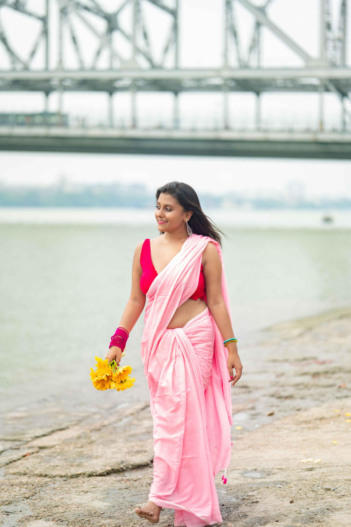 Baby Pink Khadi Cotton Saree - Gopi Kanya