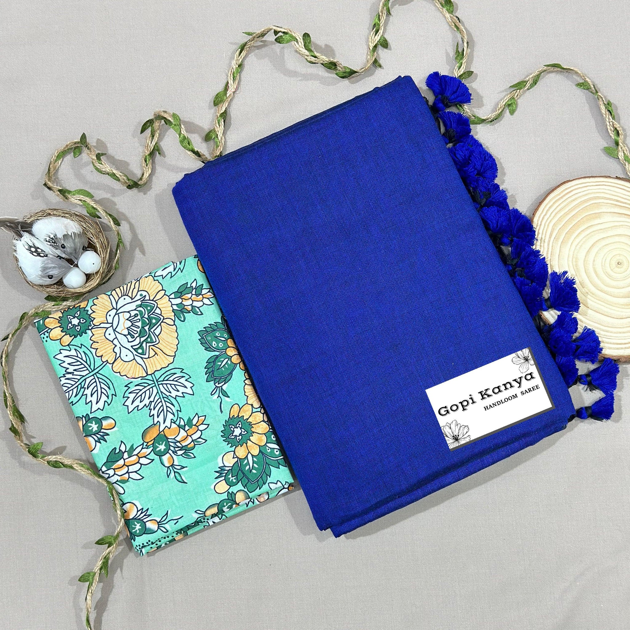 Royal Blue Handloom Cotton Saree With Printed Blouse