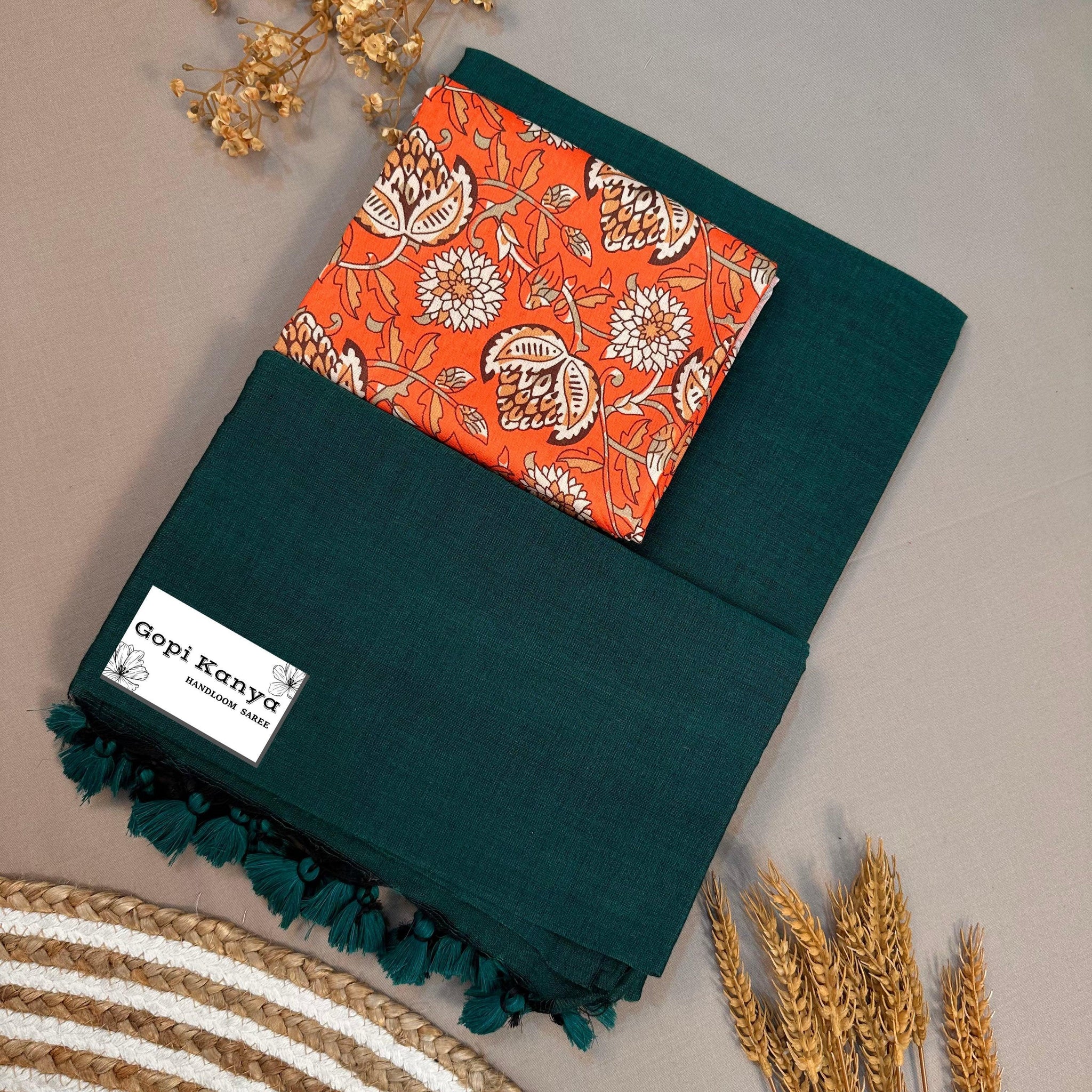 Rama Handloom Cotton Saree With Printed Blouse