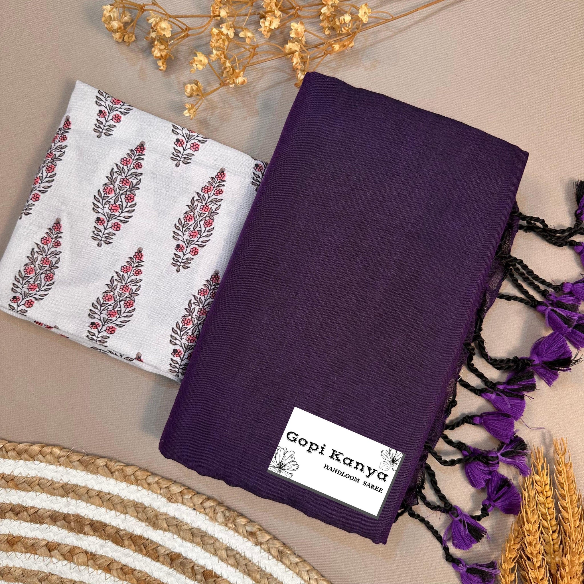 Dark Purple Handloom Cotton Saree With Printed Blouse