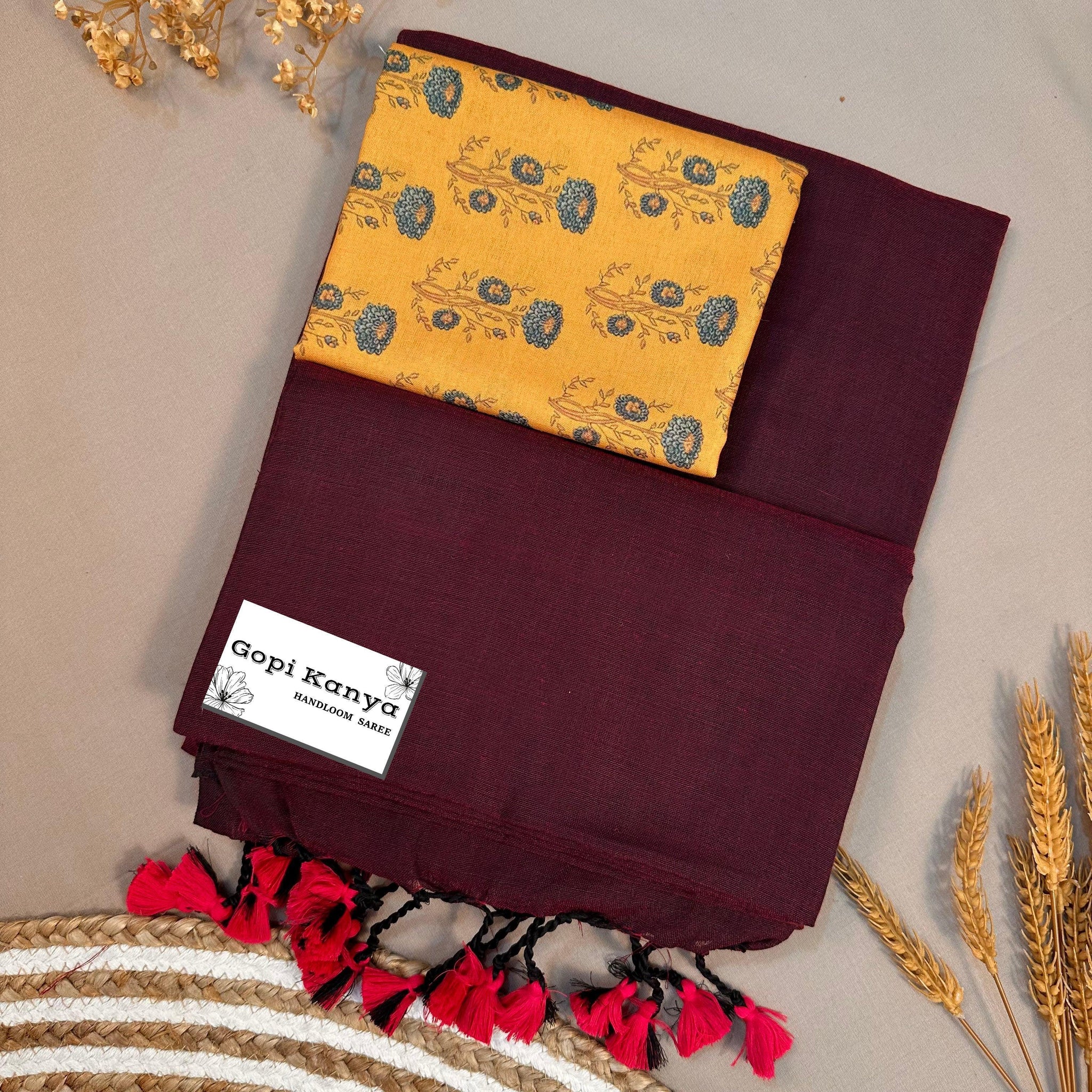 Wine Handloom Cotton Saree With Printed Blouse