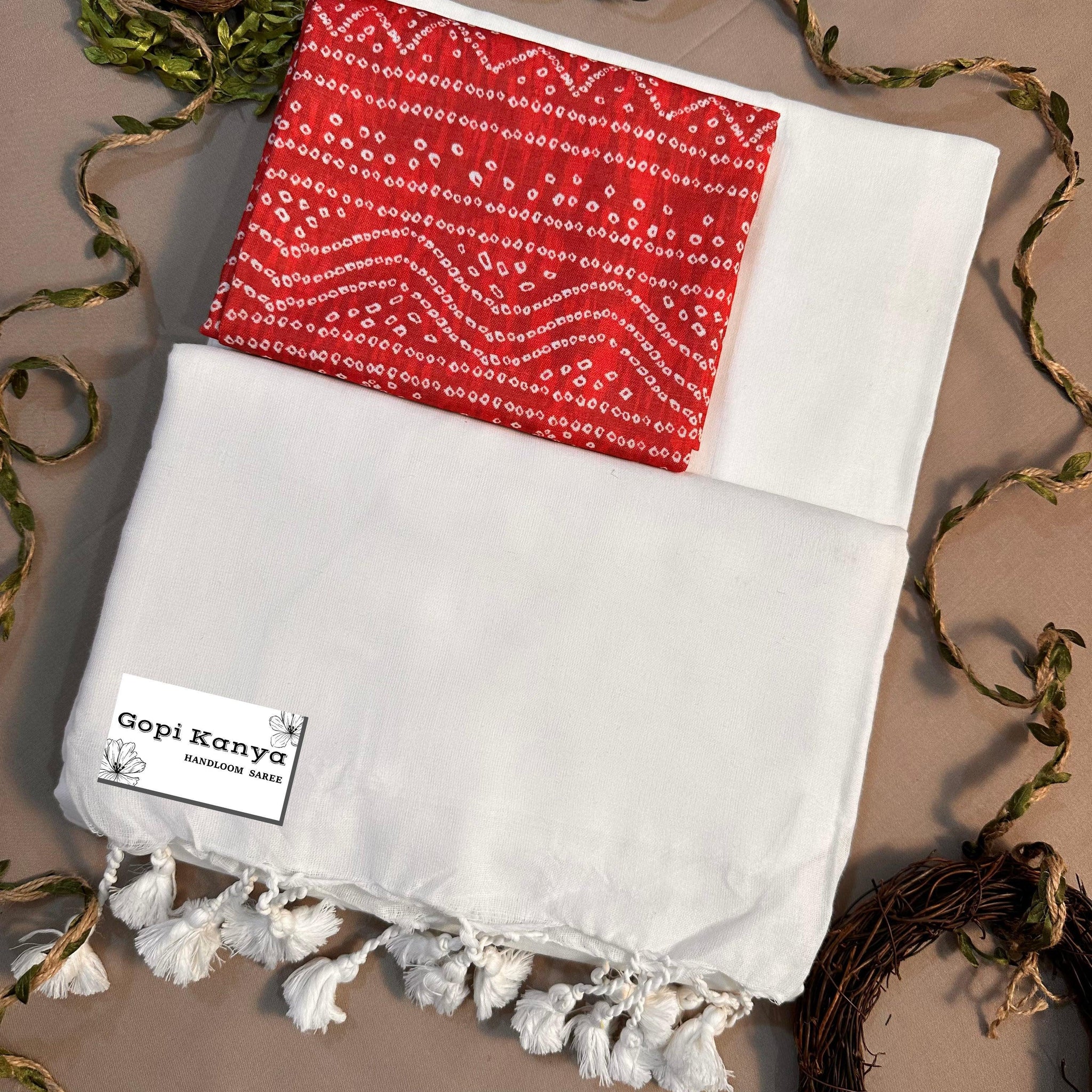 White Handloom Cotton Saree With Printed Blouse