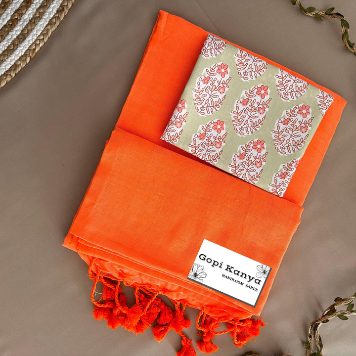 Light Orange Handloom Cotton Saree With Printed Blouse - Gopi Kanya