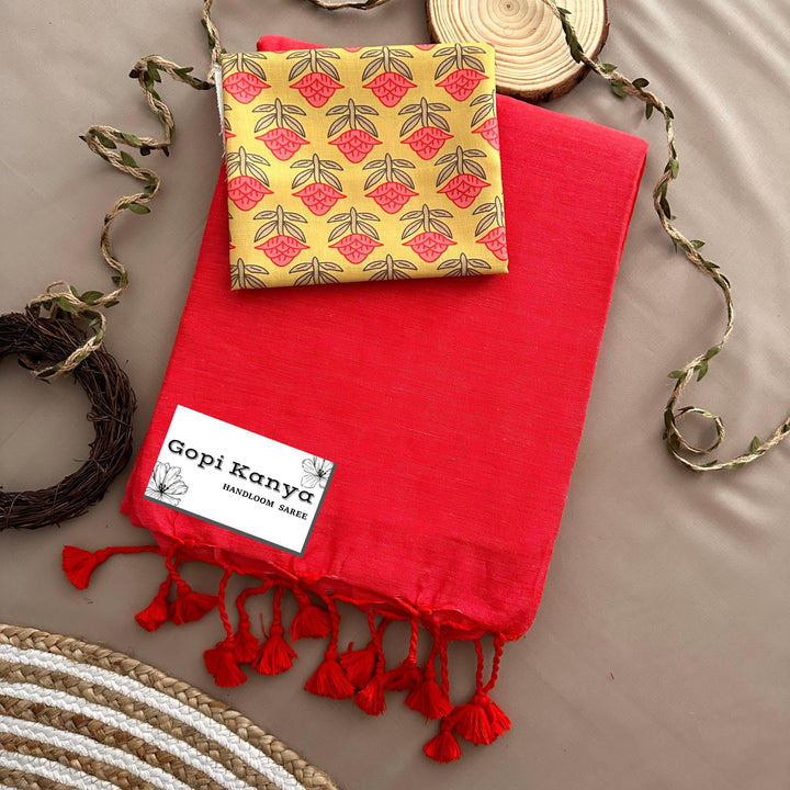 Gajri Handloom Cotton Saree With Printed Blouse - Gopi Kanya