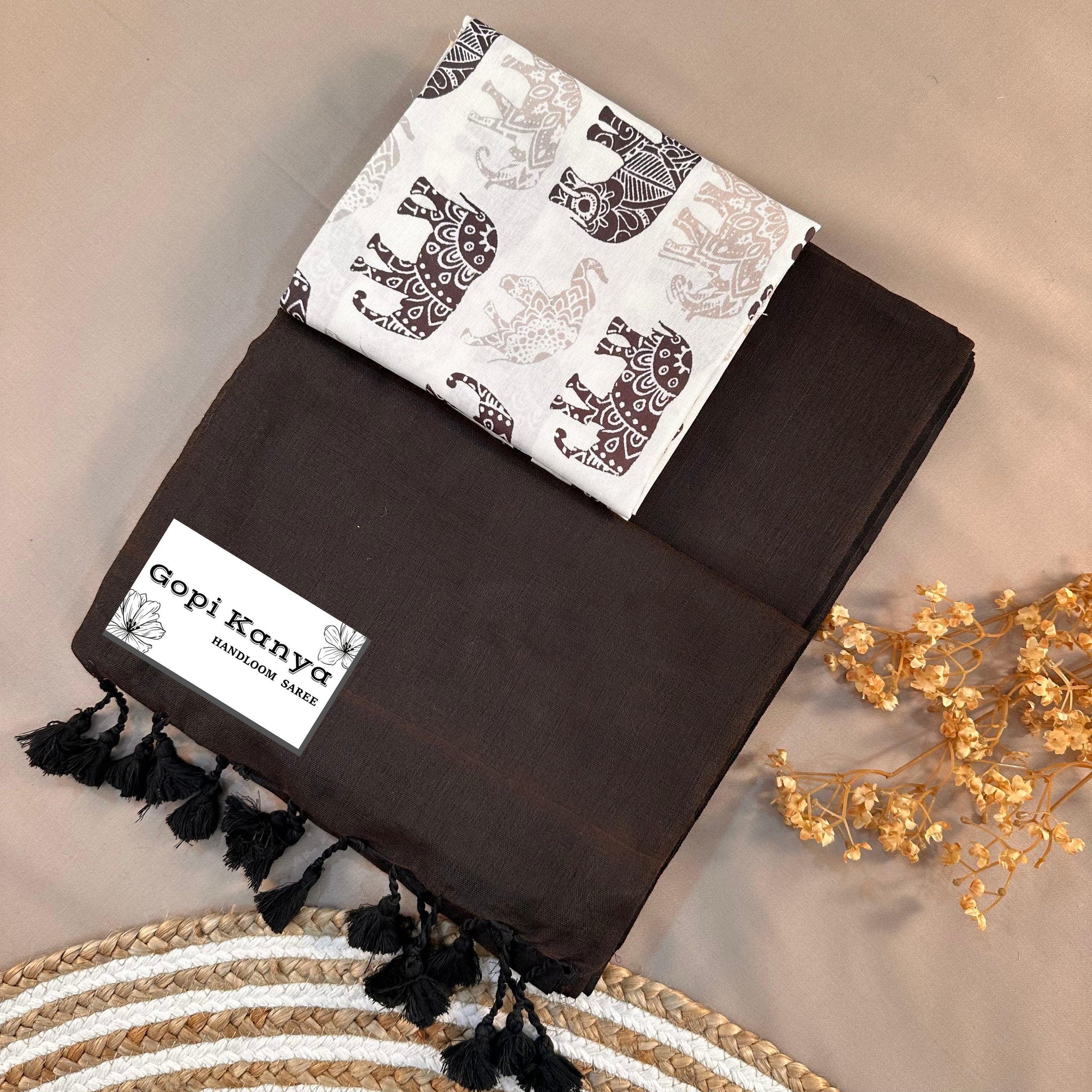 Dark Brown Handloom Cotton Saree With Printed Blouse