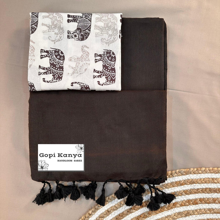 Dark Brown Handloom Cotton Saree With Printed Blouse - Gopi Kanya