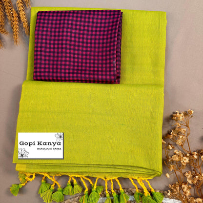 Perrot Green Handloom Cotton Saree With Printed Blouse - Gopi Kanya