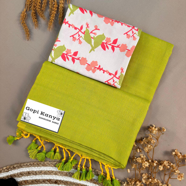 Perrot Green Handloom Cotton Saree With Printed Blouse - Gopi Kanya