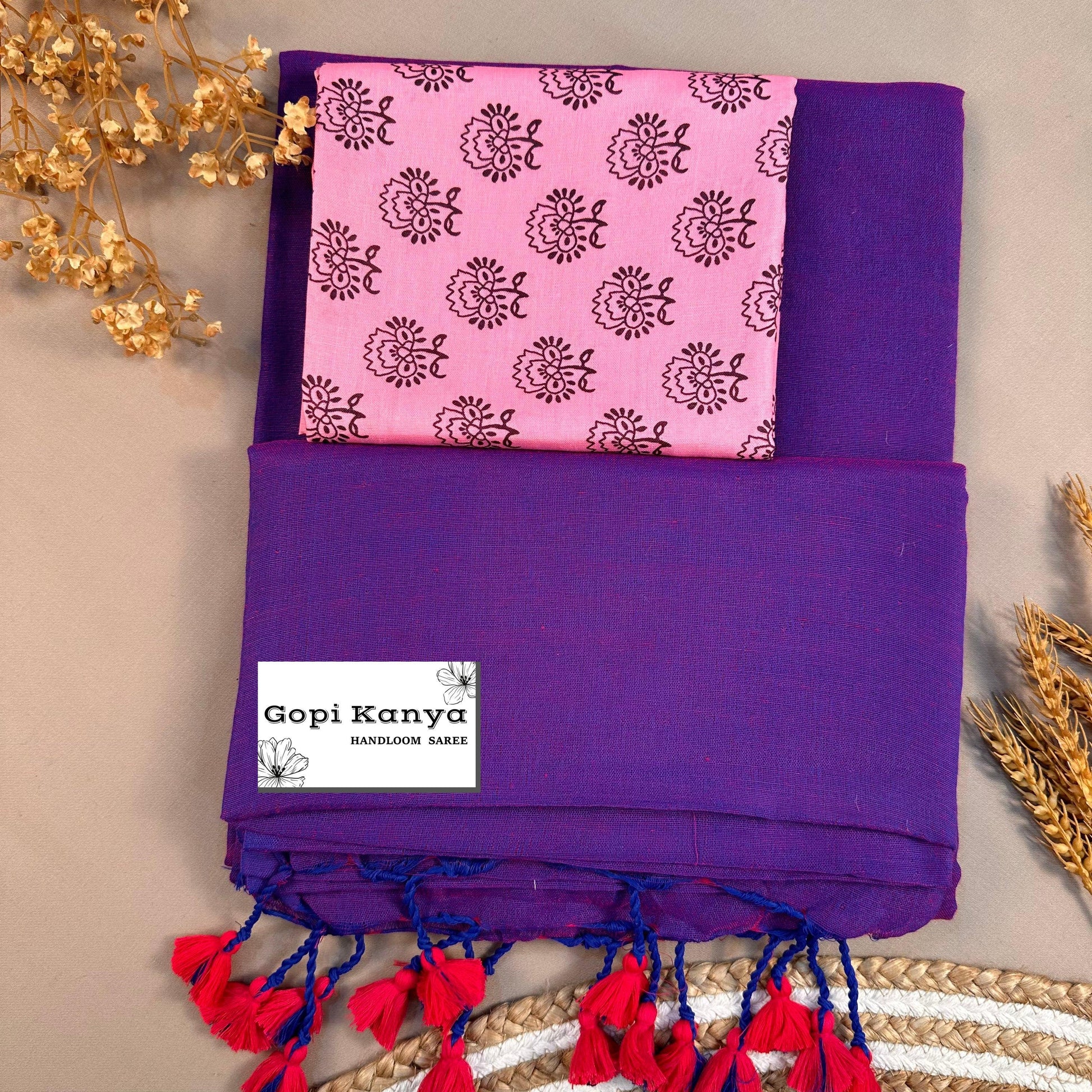 Light Purple Handloom Cotton Saree With Printed Blouse - Gopi Kanya