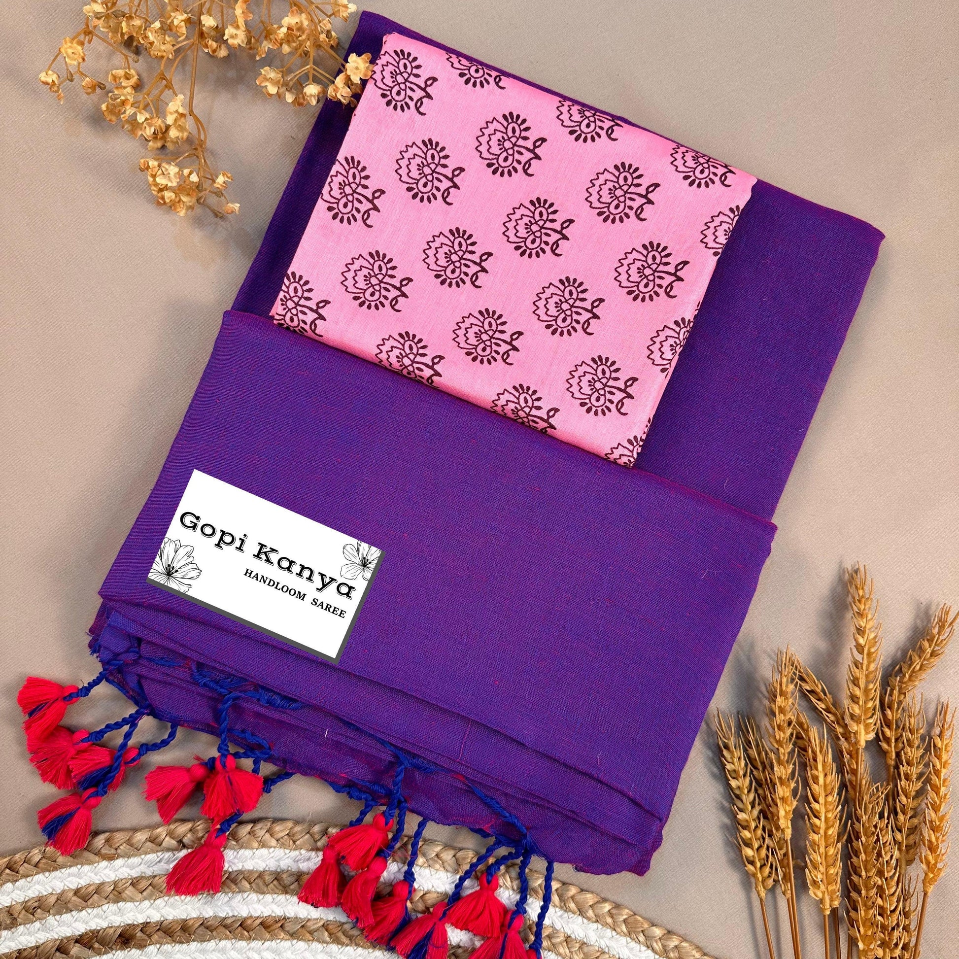 Light Purple Handloom Cotton Saree With Printed Blouse - Gopi Kanya