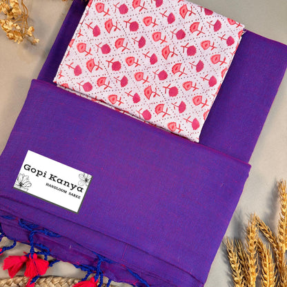 Light Purple Handloom Cotton Saree With Printed Blouse - Gopi Kanya