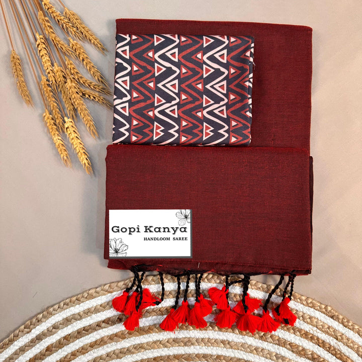 Marun Handloom Cotton Saree With Printed Blouse - Gopi Kanya