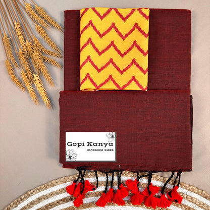 Marun Handloom Cotton Saree With Printed Blouse - Gopi Kanya