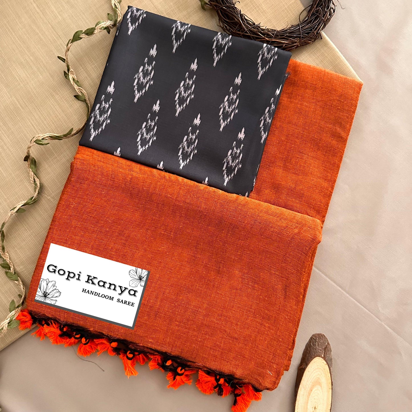 Orange Handloom Cotton Saree With Printed Blouse - Gopi Kanya