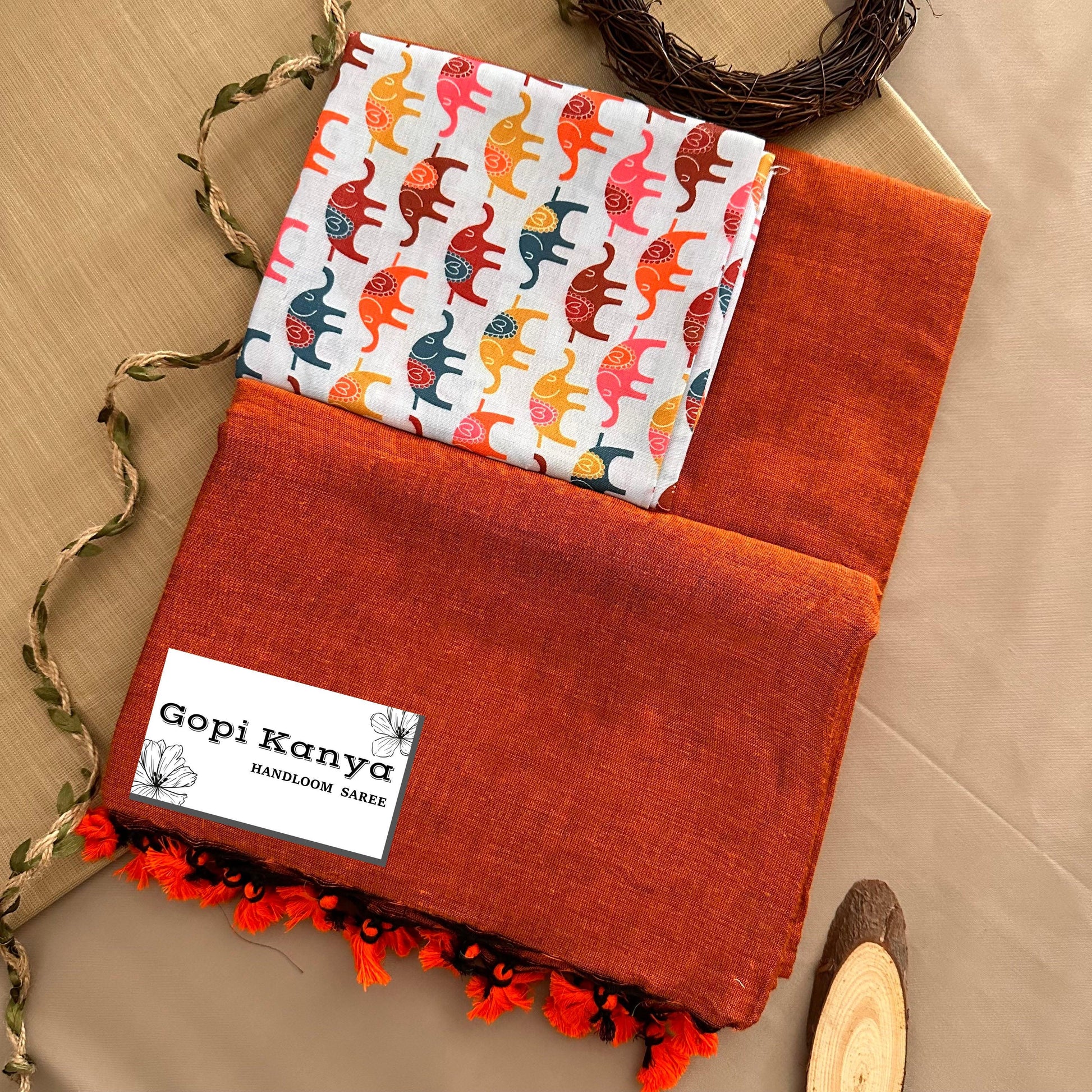 Orange Handloom Cotton Saree With Printed Blouse - Gopi Kanya