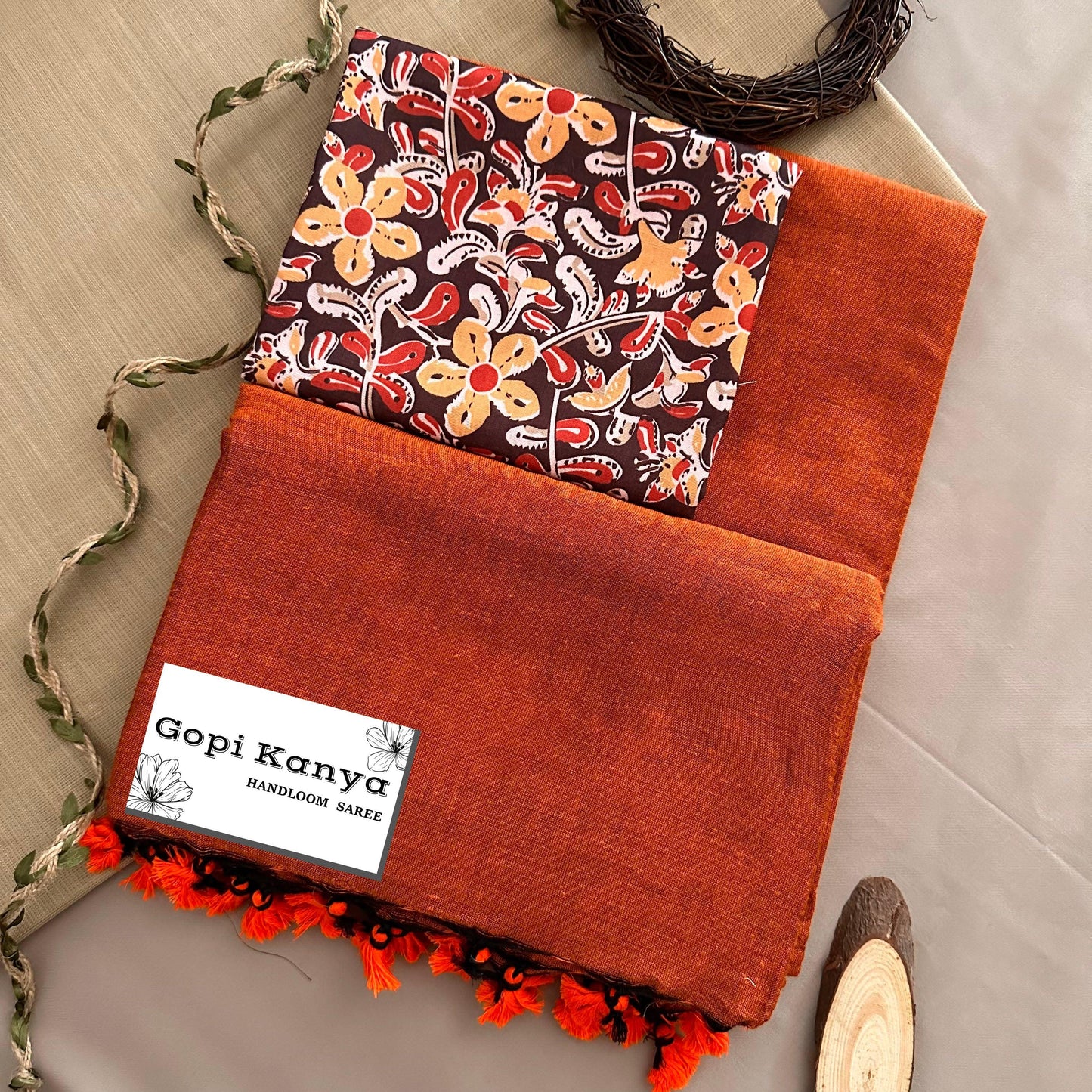 Orange Handloom Cotton Saree With Printed Blouse - Gopi Kanya