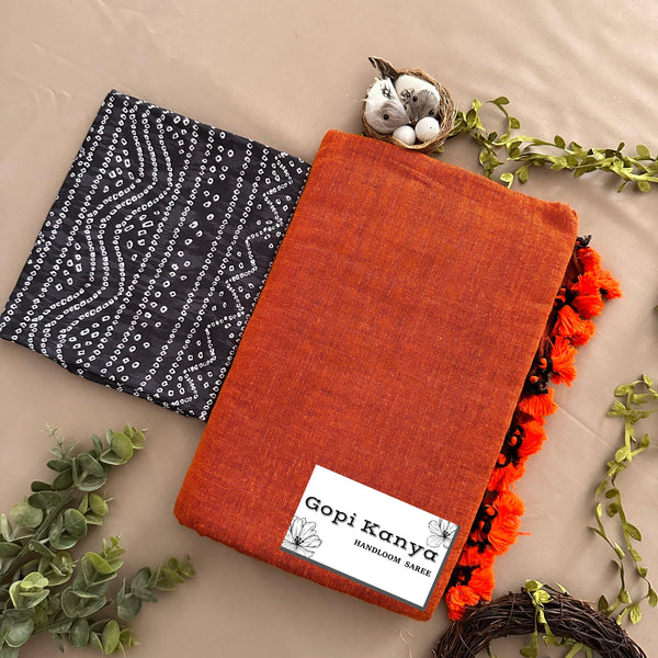 Orange Handloom Cotton Saree With Printed Blouse - Gopi Kanya