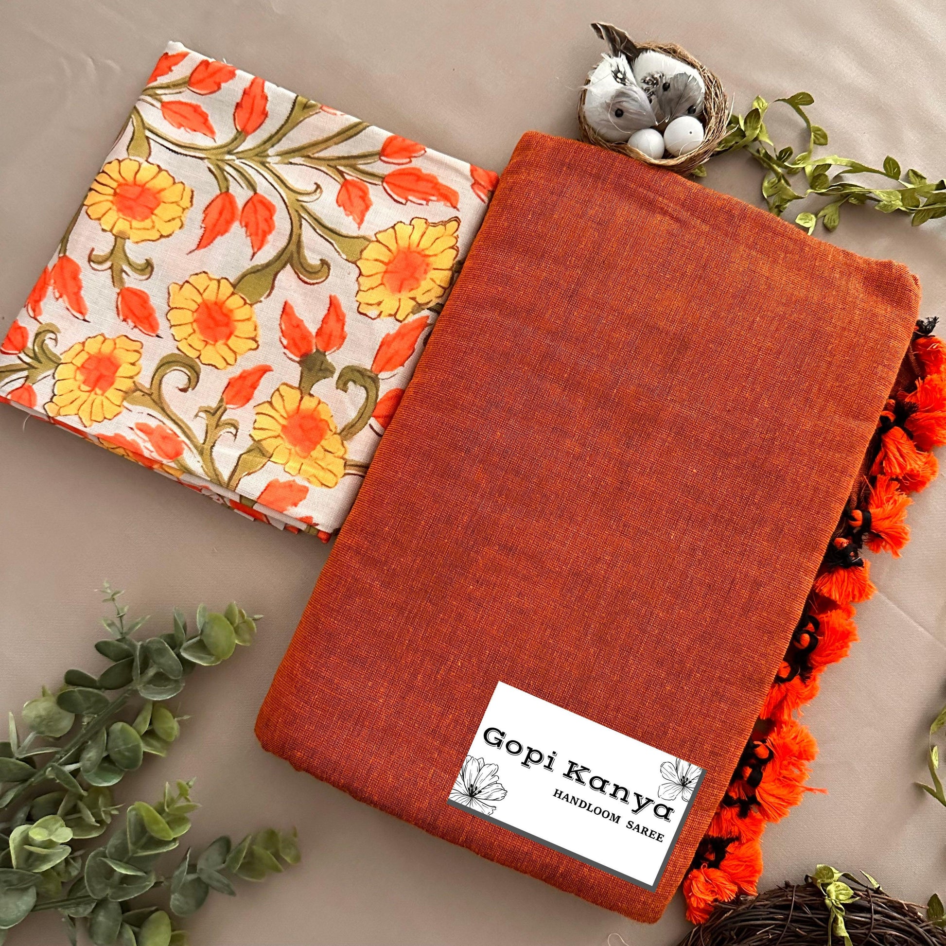 Orange Handloom Cotton Saree With Printed Blouse - Gopi Kanya