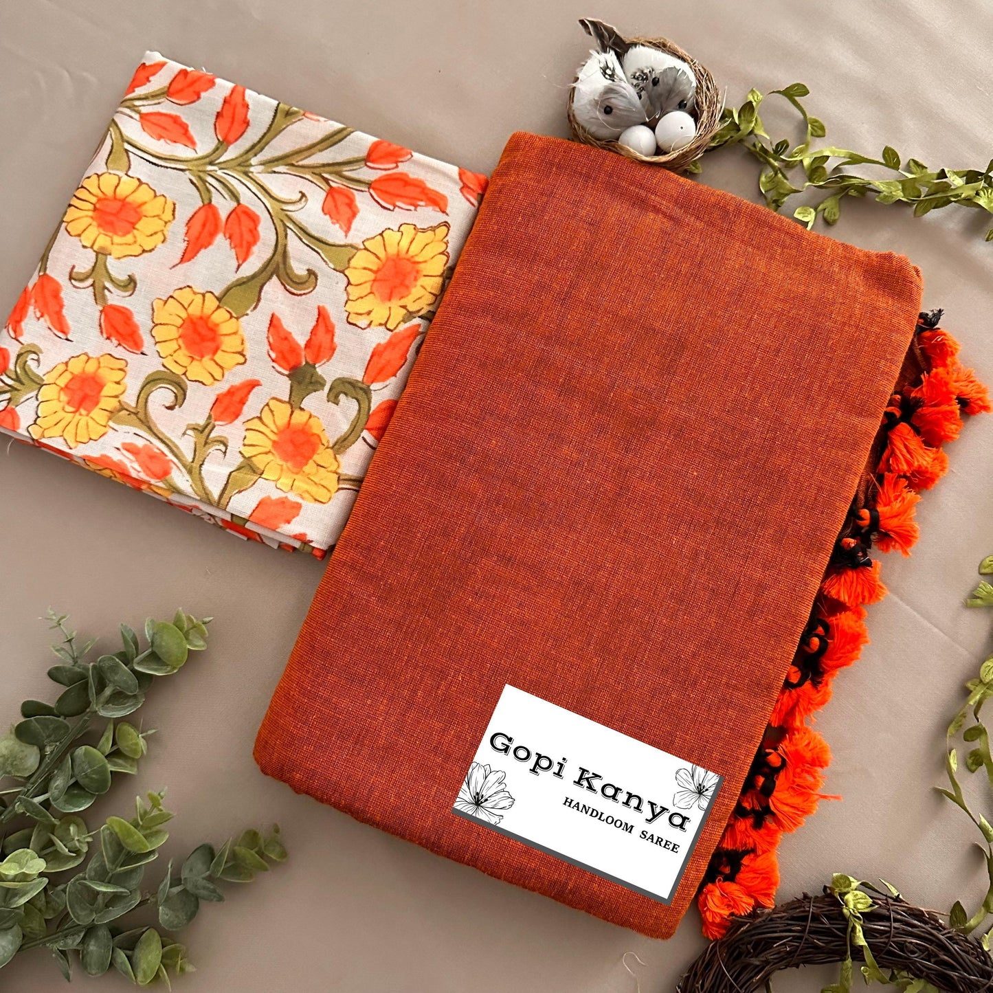 Orange Handloom Cotton Saree With Printed Blouse - Gopi Kanya