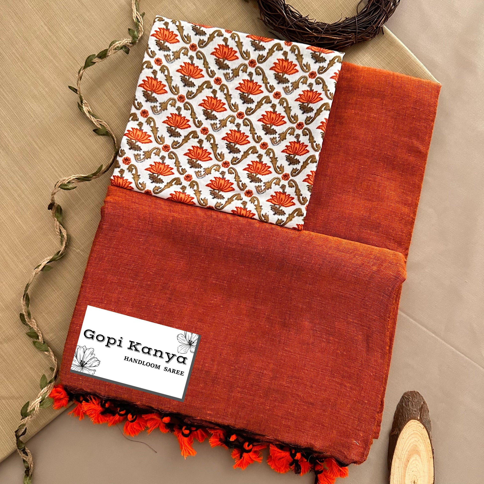 Orange Handloom Cotton Saree With Printed Blouse - Gopi Kanya