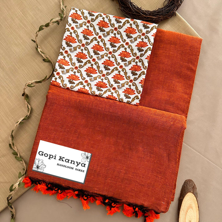 Orange Handloom Cotton Saree With Printed Blouse - Gopi Kanya