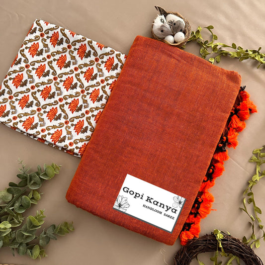 Orange Handloom Cotton Saree With Printed Blouse - Gopi Kanya