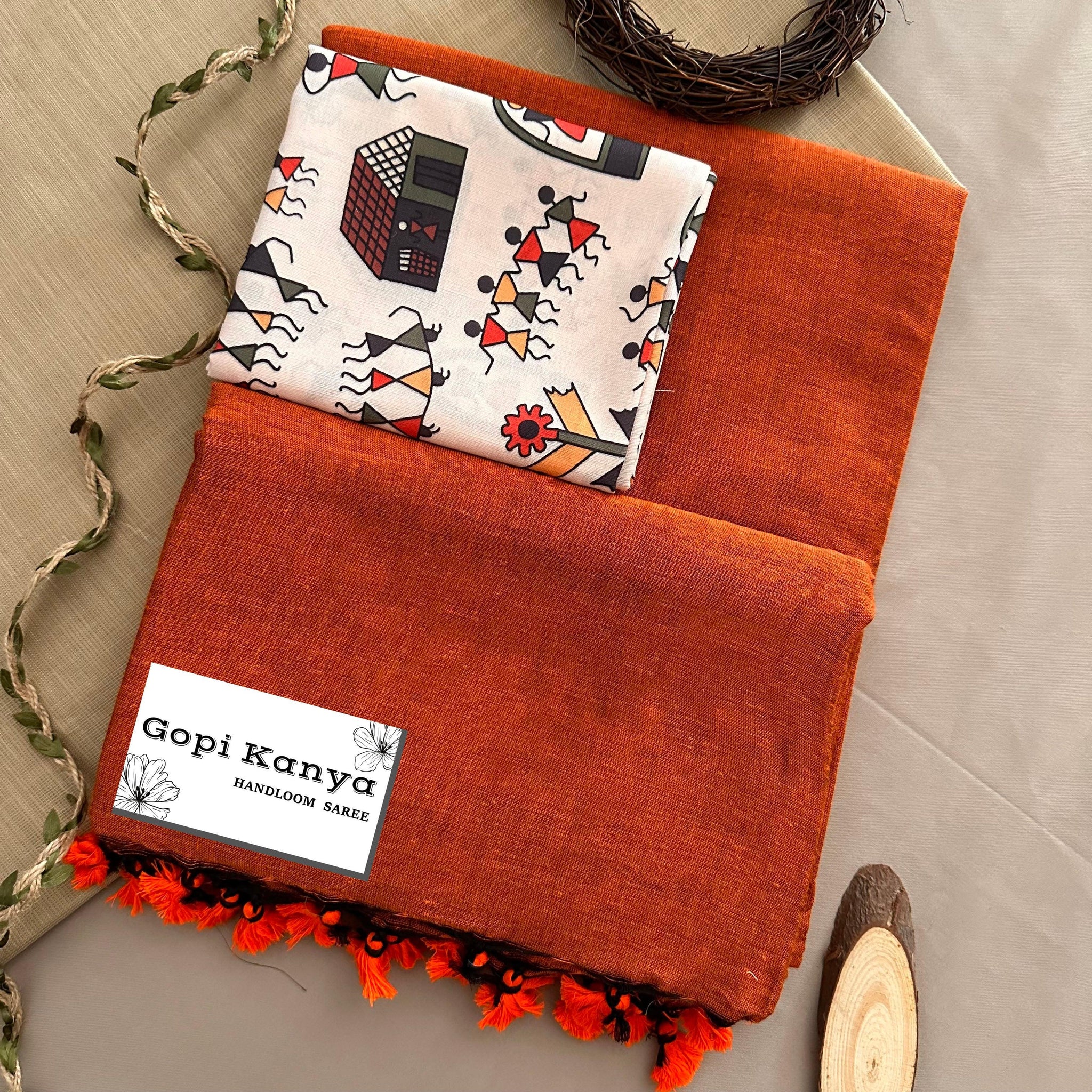 Orange Handloom Cotton Saree With Printed Blouse
