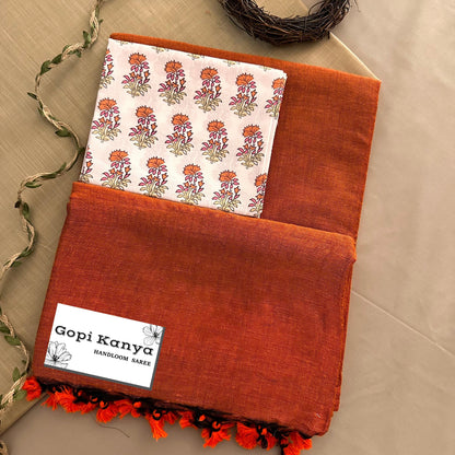 Orange Handloom Cotton Saree With Printed Blouse - Gopi Kanya