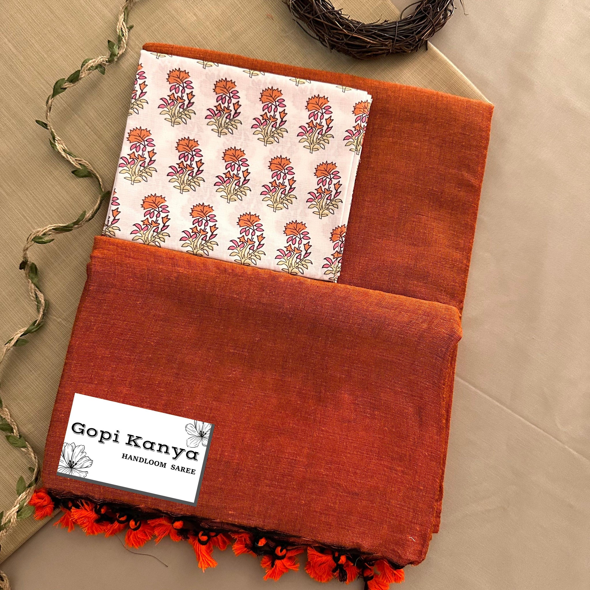 Orange Handloom Cotton Saree With Printed Blouse