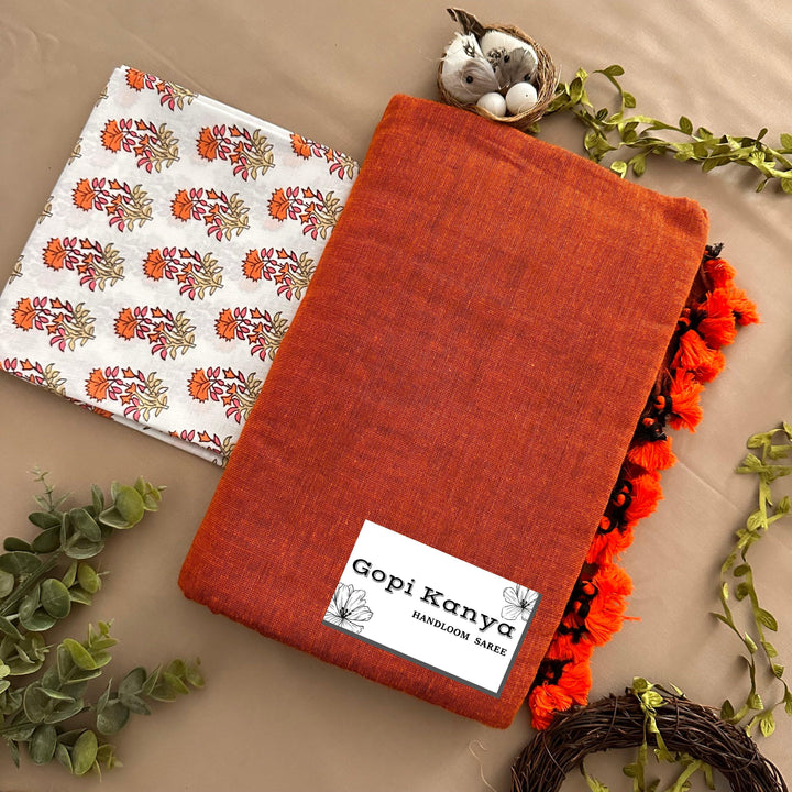 Orange Handloom Cotton Saree With Printed Blouse - Gopi Kanya