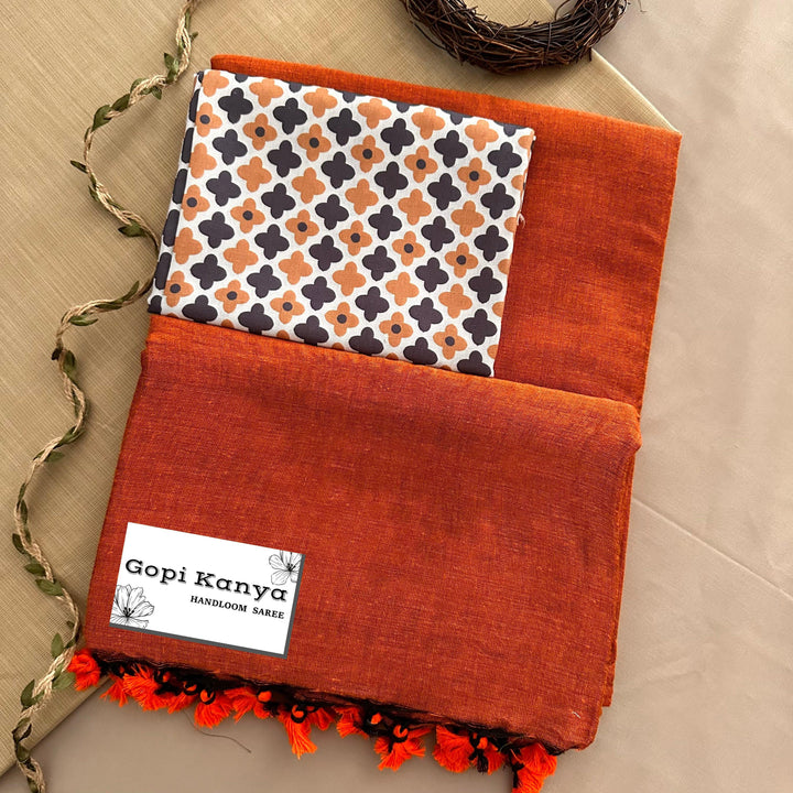 Orange Handloom Cotton Saree With Printed Blouse - Gopi Kanya