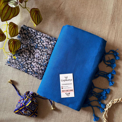 Light Royal Blue Handloom Cotton Saree With Printed Blouse - Gopi Kanya