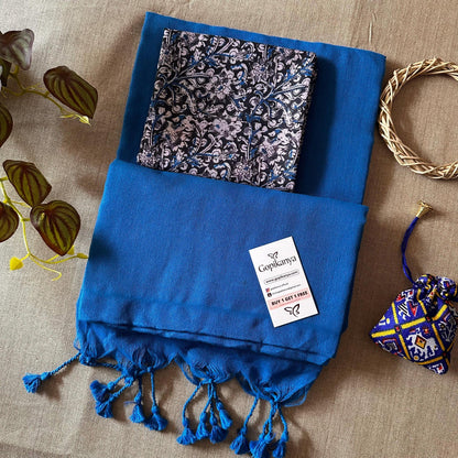 Light Royal Blue Handloom Cotton Saree With Printed Blouse - Gopi Kanya