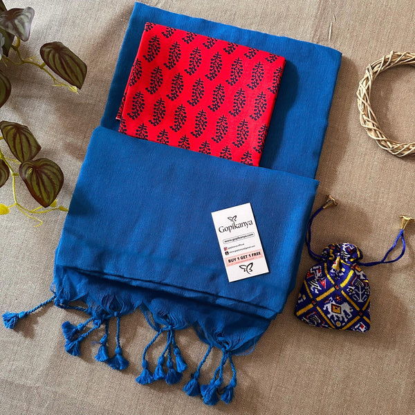 Light Royal Blue Handloom Cotton Saree With Printed Blouse - Gopi Kanya