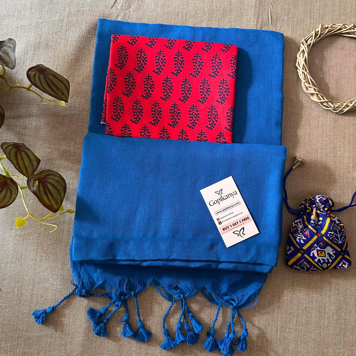 Light Royal Blue Handloom Cotton Saree With Printed Blouse - Gopi Kanya