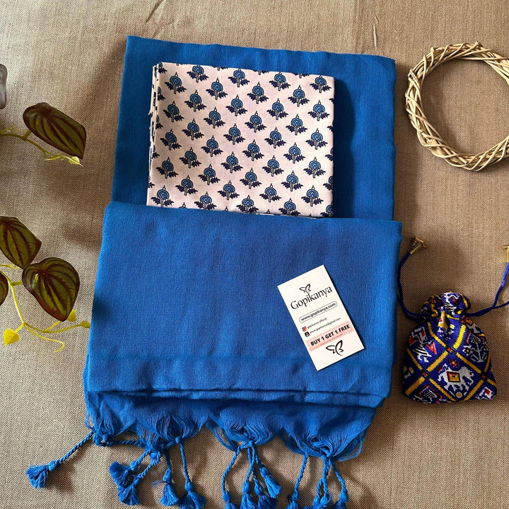 Light Royal Blue Handloom Cotton Saree With Printed Blouse - Gopi Kanya