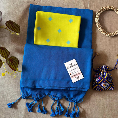 Light Royal Blue Handloom Cotton Saree With Printed Blouse - Gopi Kanya