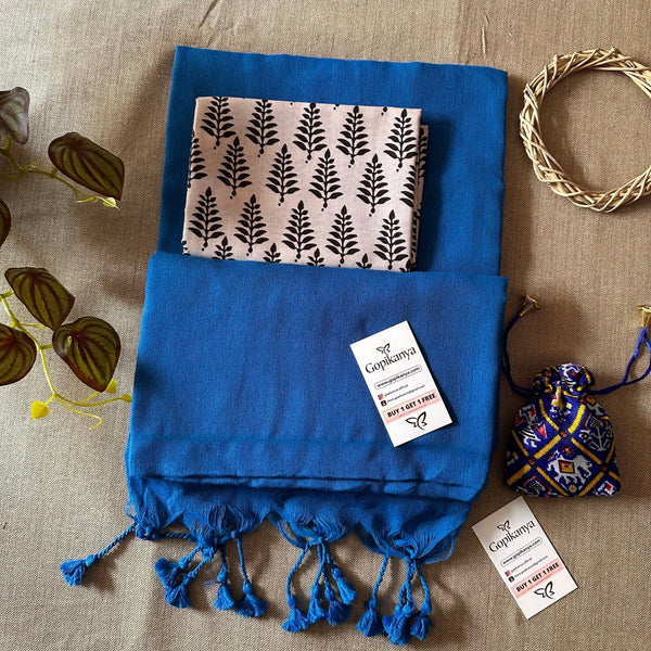 Light Royal Blue Handloom Cotton Saree With Printed Blouse - Gopi Kanya