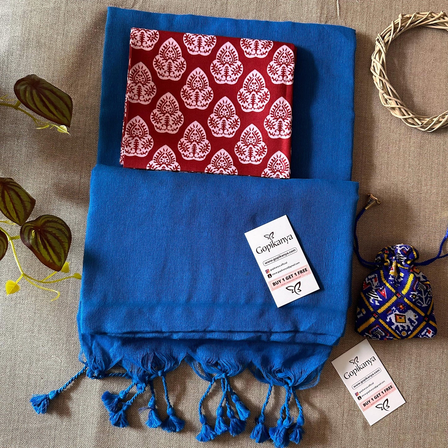 Light Royal Blue Handloom Cotton Saree With Printed Blouse - Gopi Kanya