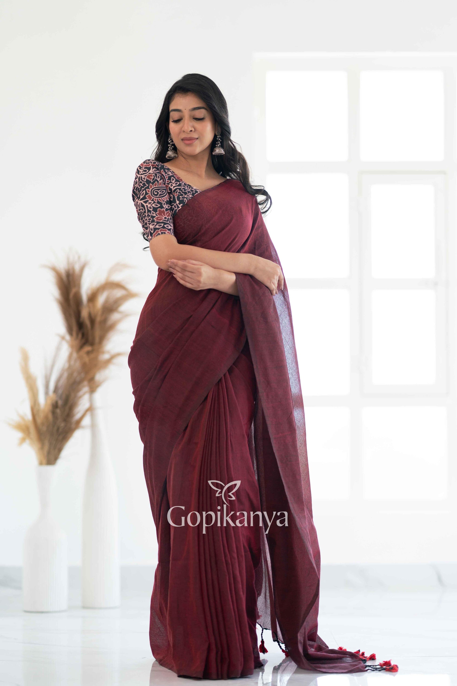 Maroon Khadi Cotton Saree With Leaf Printed Blouse - Gopi Kanya