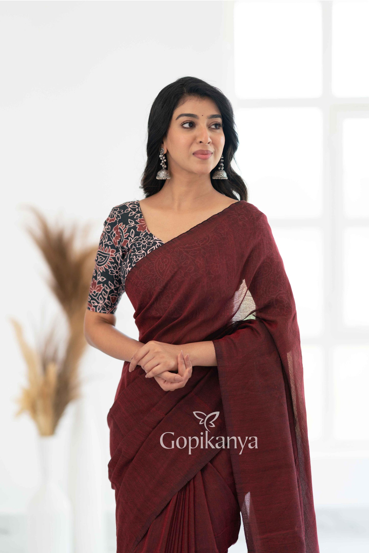 Maroon Khadi Cotton Saree With Leaf Printed Blouse - Gopi Kanya