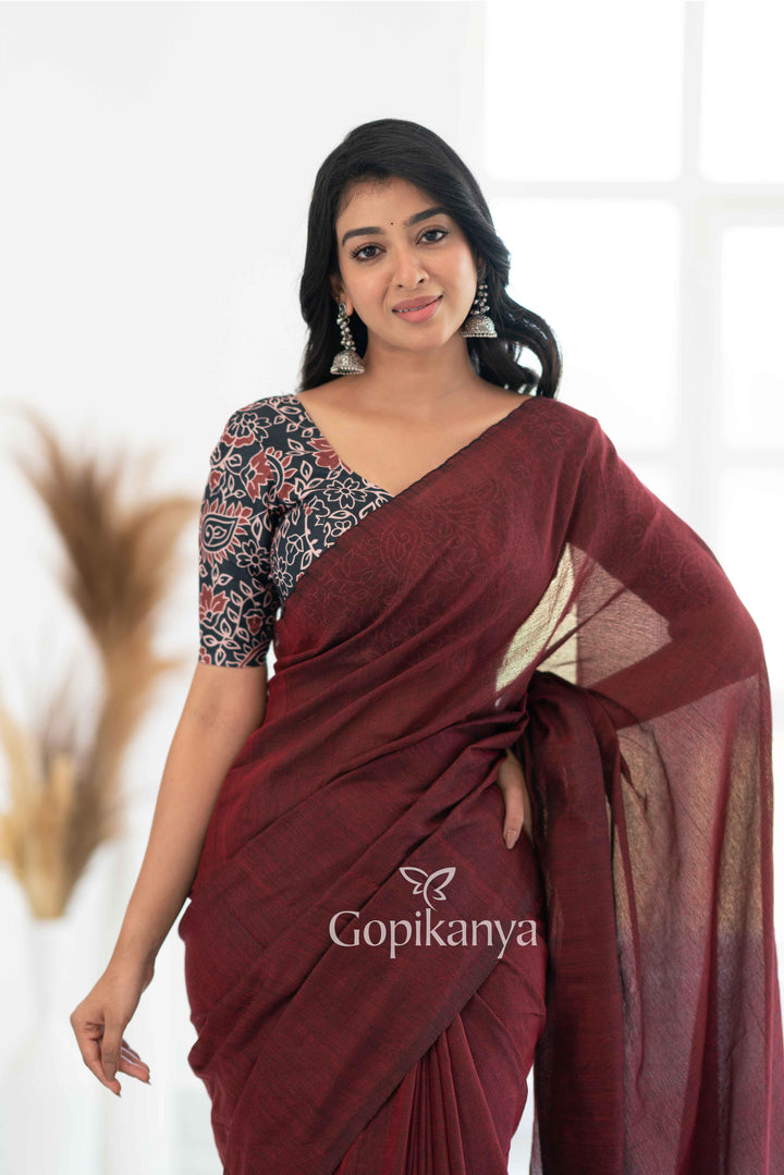 Maroon Khadi Cotton Saree With Leaf Printed Blouse - Gopi Kanya