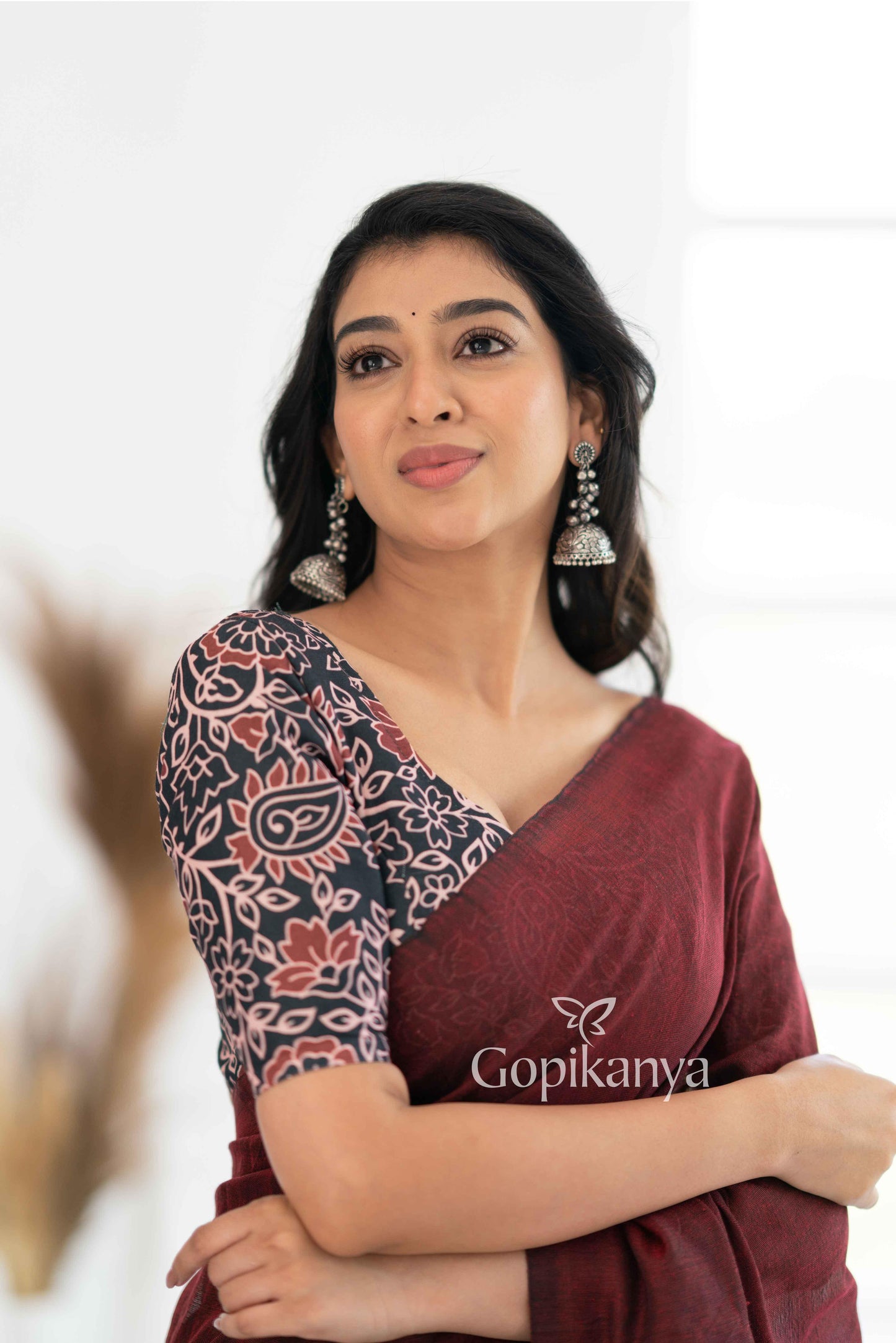 Maroon Khadi Cotton Saree With Leaf Printed Blouse - Gopi Kanya