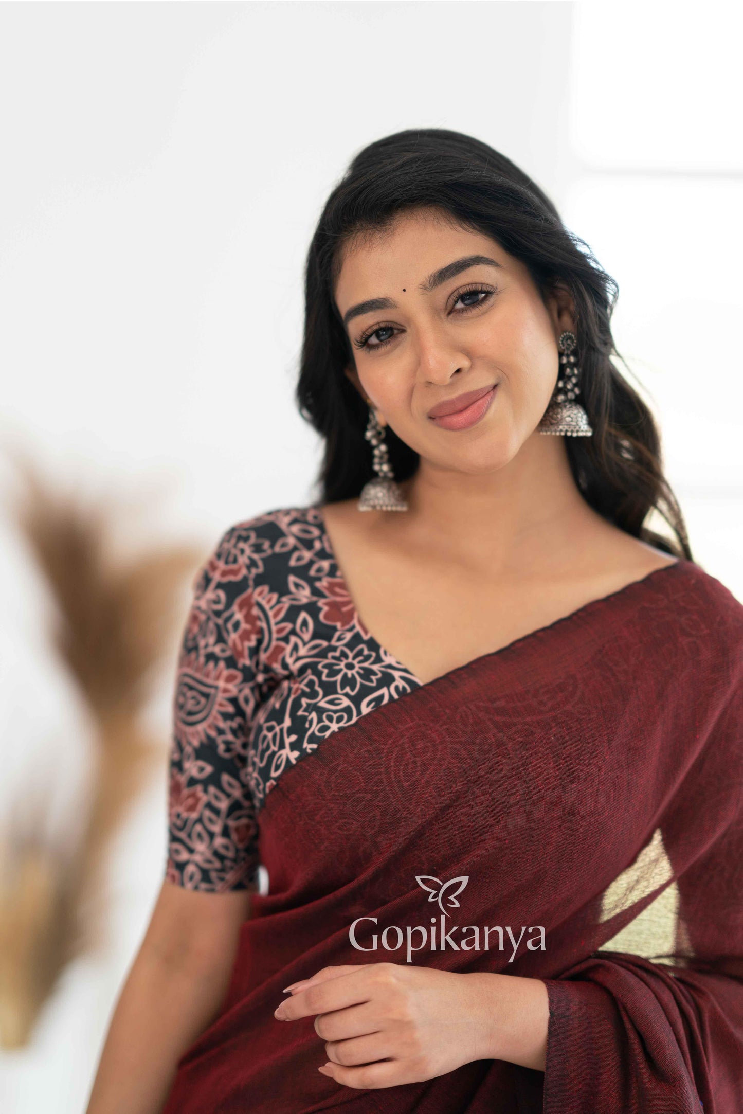 Maroon Khadi Cotton Saree With Leaf Printed Blouse - Gopi Kanya