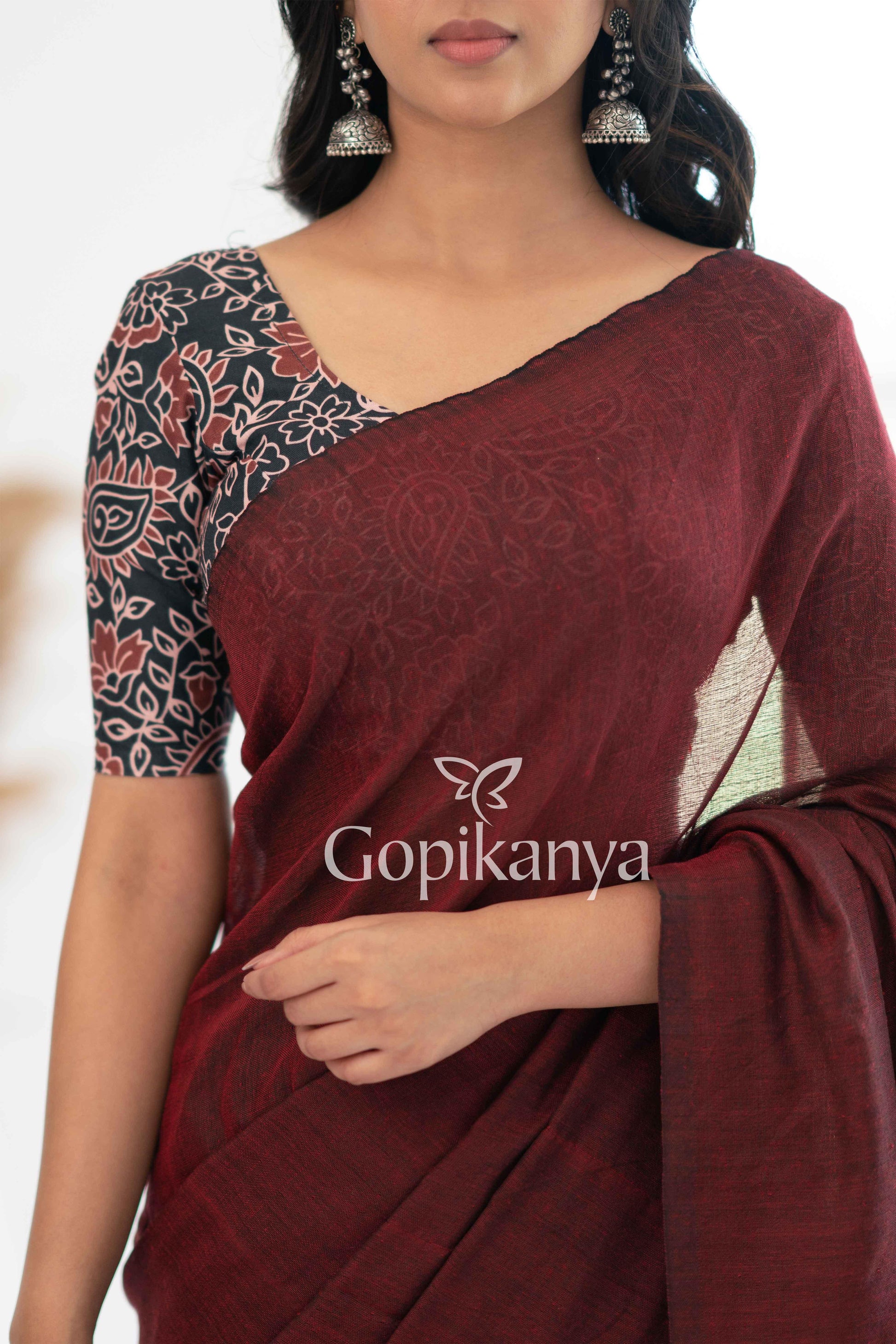 Maroon Khadi Cotton Saree With Leaf Printed Blouse - Gopi Kanya