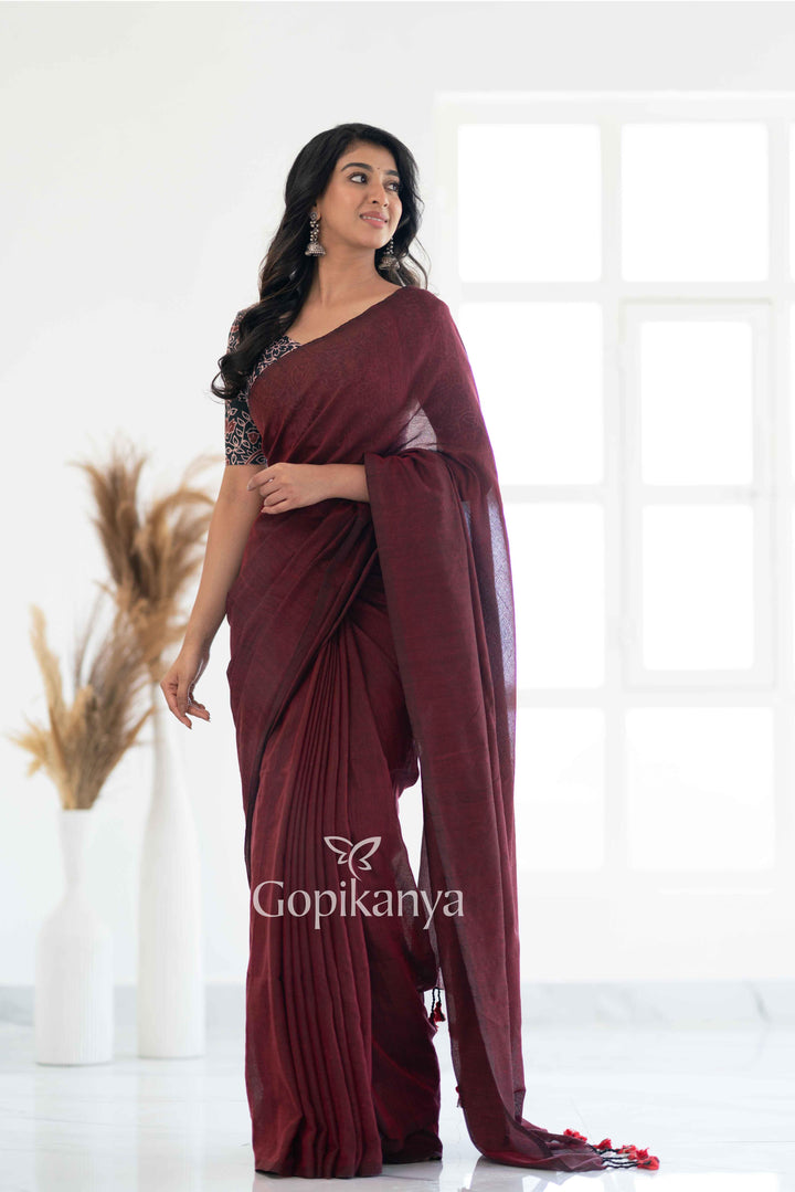 Maroon Khadi Cotton Saree With Leaf Printed Blouse - Gopi Kanya