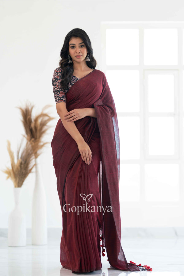 Maroon Khadi Cotton Saree With Leaf Printed Blouse - Gopi Kanya